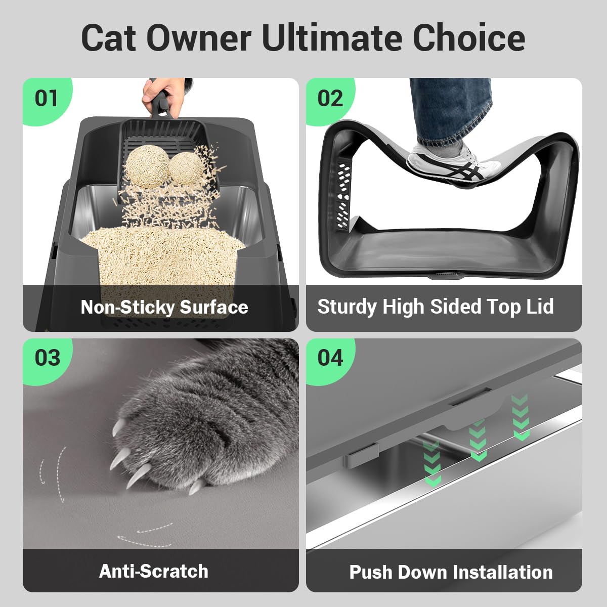 Extra Large Stainless Steel Cat Litter Box With High Sided Walls For Big Cats, Anti Urine Leakage, Odorless And Easy Cleaning, F